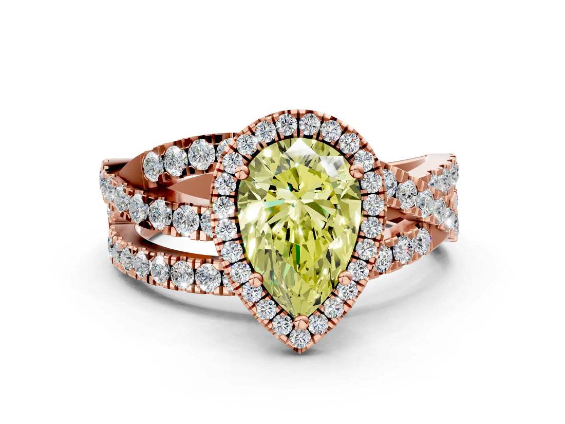 Rose gold Fancy Yellow Pear Cut Diamond Halo Ring with Round Split Shank and Prong Setting_36