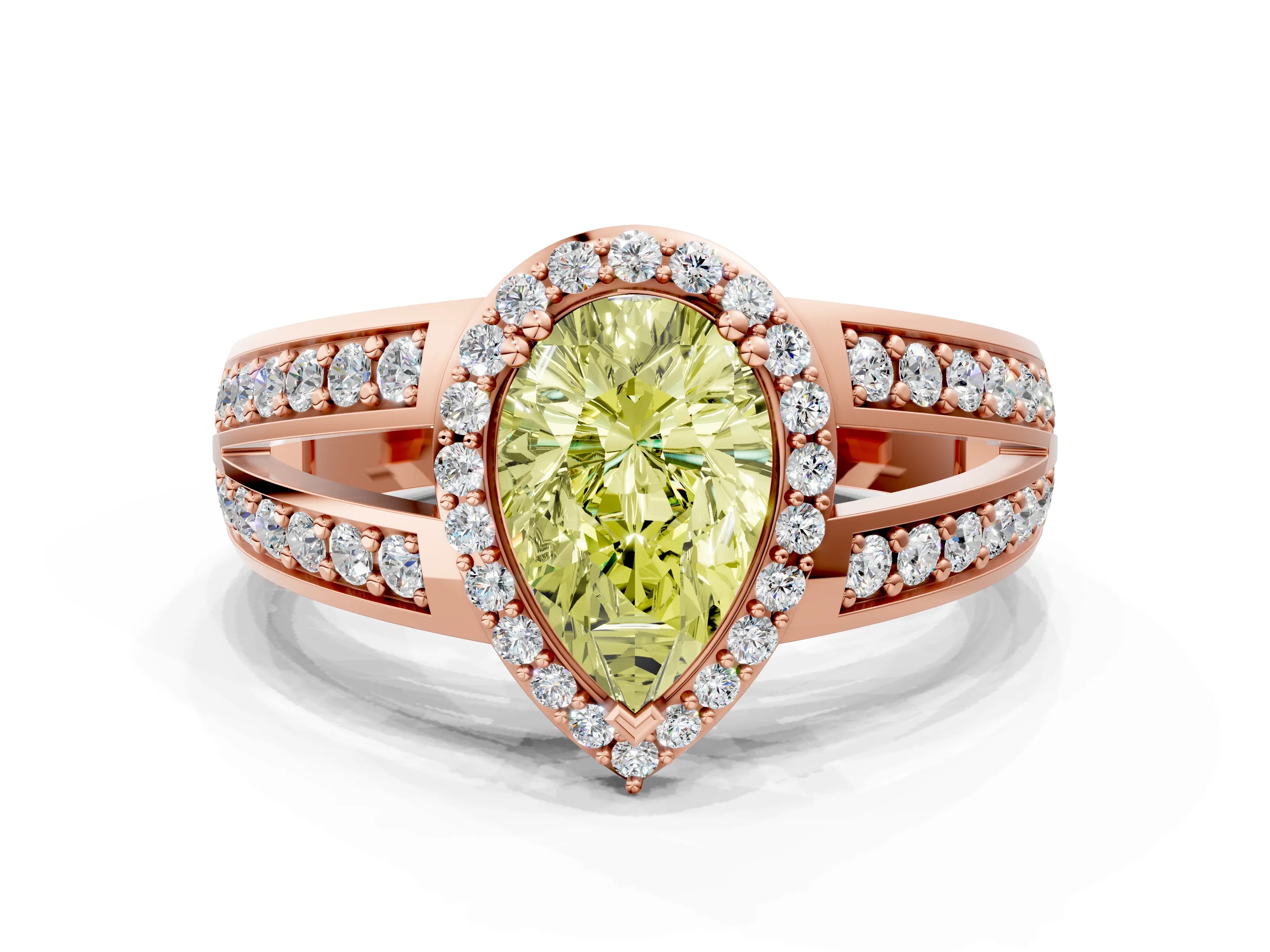 Rose gold Fancy Yellow Pear Cut Diamond Halo Ring with Split Shank Pavé Band and Four-Prong Setting