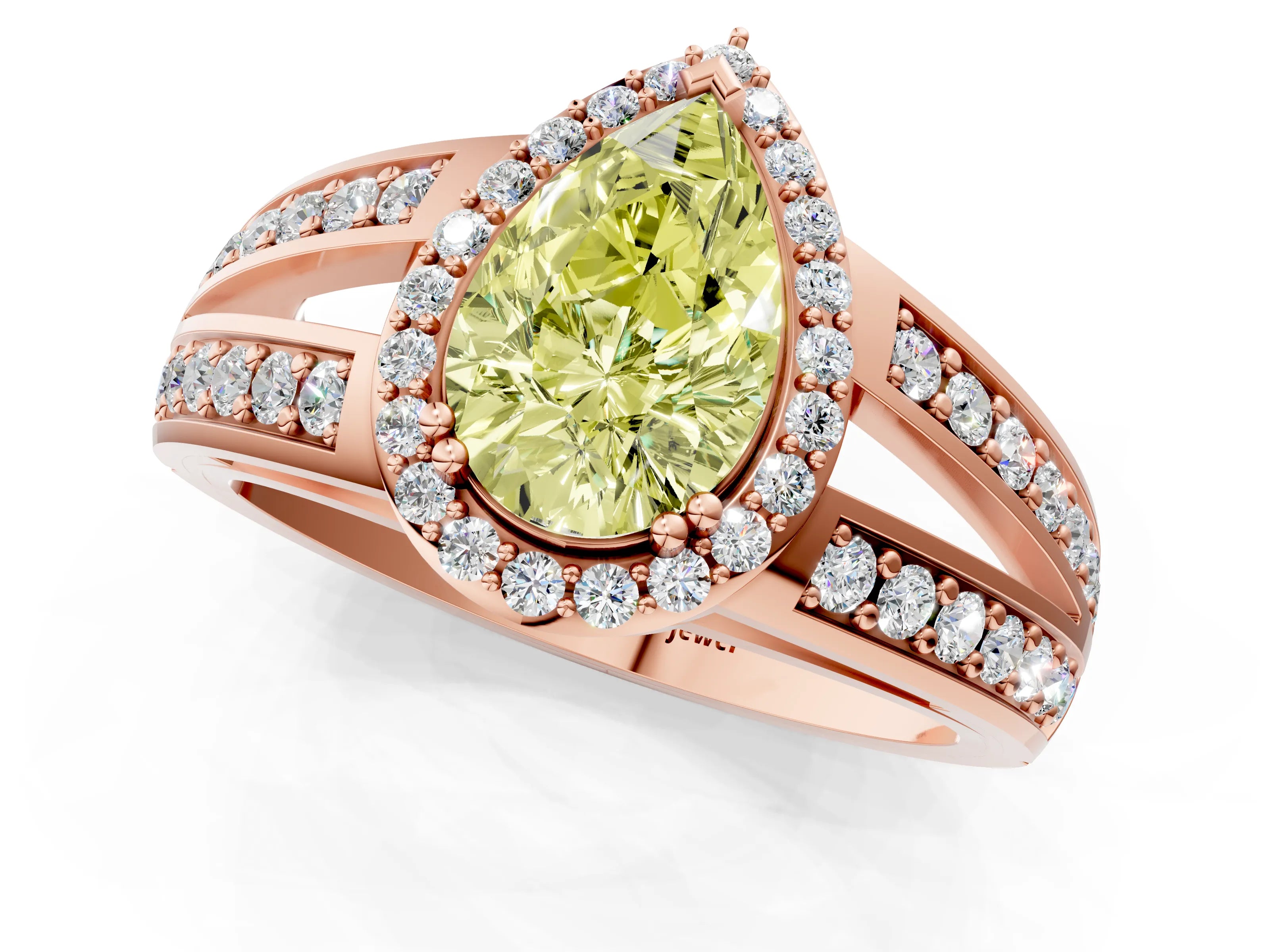 Rose gold Fancy Yellow Pear Cut Diamond Halo Ring with Split Shank Pavé Band and Four-Prong Setting_1