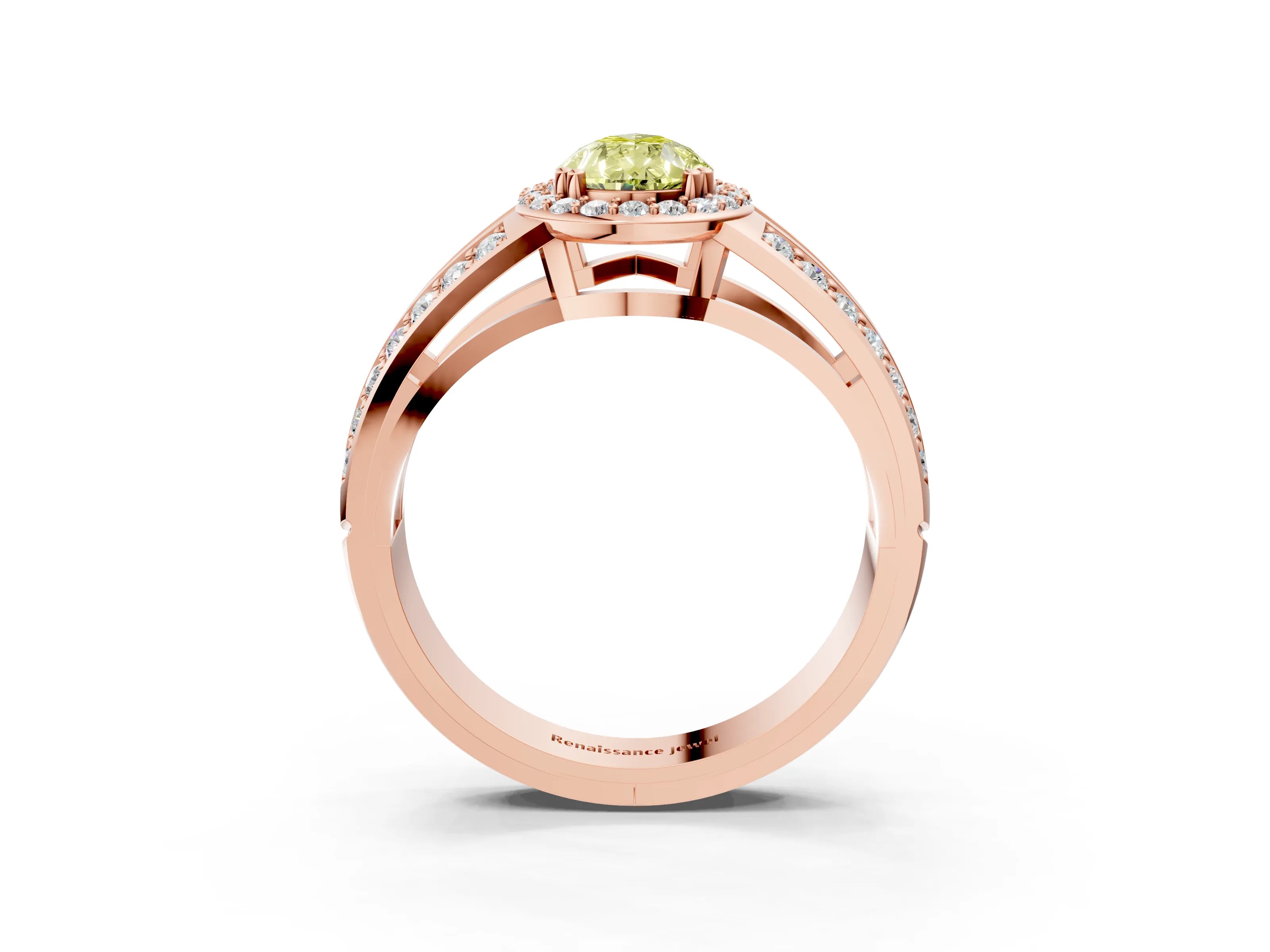 Rose gold Fancy Yellow Pear Cut Diamond Halo Ring with Split Shank Pavé Band and Four-Prong Setting_3
