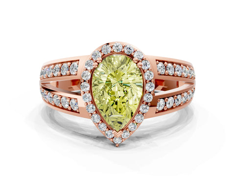 Rose gold Fancy Yellow Pear Cut Diamond Halo Ring with Split Shank Pavé Band and Four-Prong Setting
