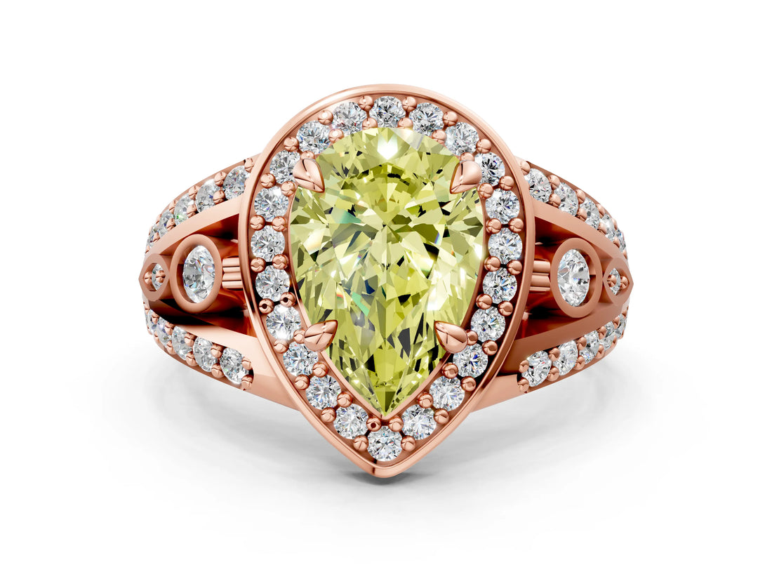 Rose gold Fancy Yellow Pear Cut Diamond Halo Ring with Split Shank and Bezel Accents and Four-Prong Setting