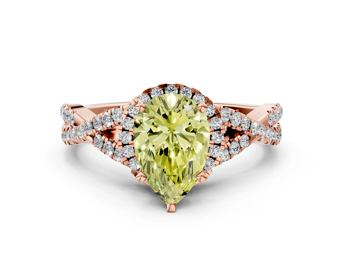 Rose gold Fancy Yellow Pear Cut Diamond  Halo Twist Band Solitaire Prong Setting Ring_48