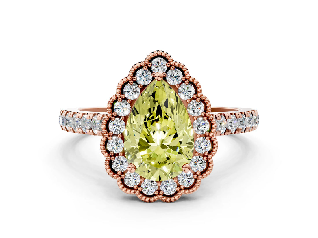 Rose gold Fancy Yellow Pear  Cut Diamond Milgrain Floral Halo Engagement Ring with Pavé Band_15