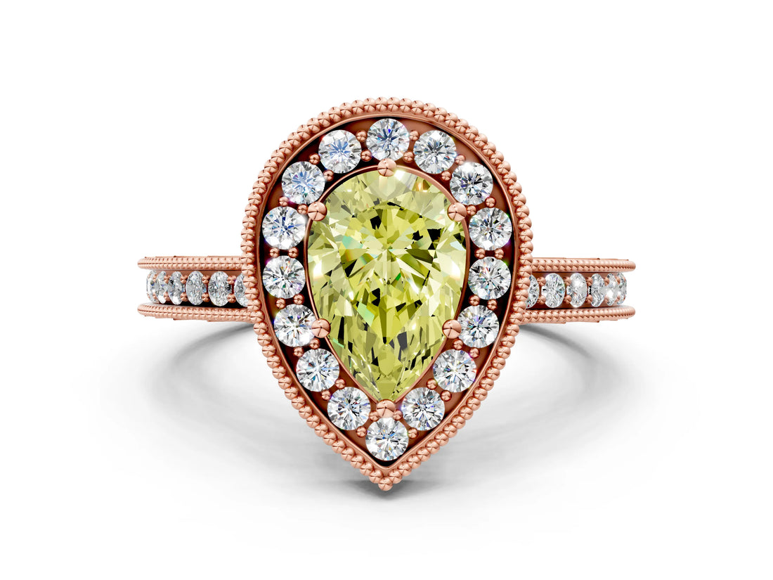 Rose gold Fancy Yellow Pear Cut Diamond Milgrain Halo Engagement Ring with Round Pavé Band and Prong Setting_12