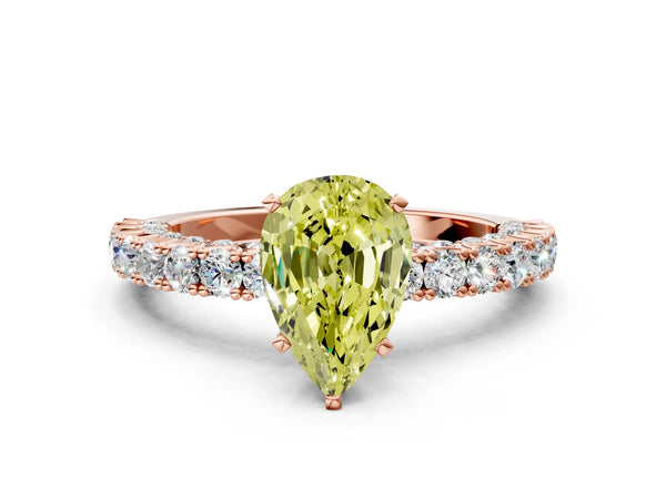 Rose gold Fancy Yellow Pear Cut Diamond Pavé Band Solitaire Ring with Prong Setting