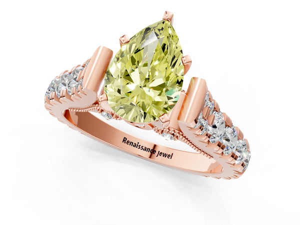 Rose gold Fancy Yellow Pear Cut Diamond Classic Solitaire Ring with Pavé Band and Four-Prong Setting