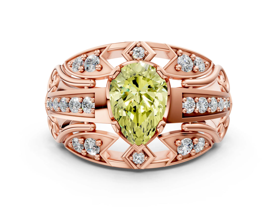Rose gold Fancy Yellow Pear Cut Diamond Pave Art Deco Split Shank Ring with Four-Prong Setting