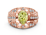Rose gold Fancy Yellow Pear Cut Diamond Pave Art Deco Split Shank Ring with Four-Prong Setting