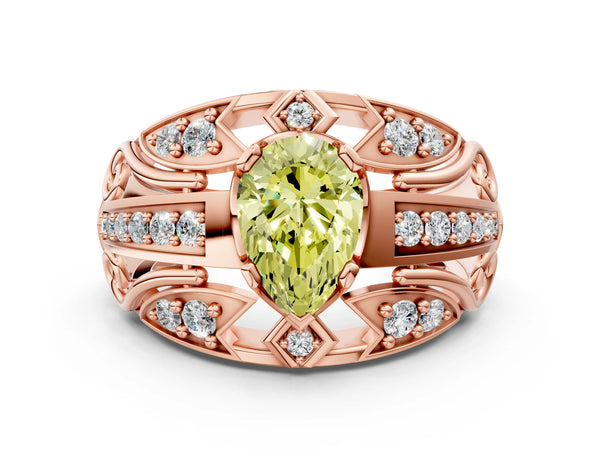 Rose gold Fancy Yellow Pear Cut Diamond Pave Art Deco Split Shank Ring with Four-Prong Setting