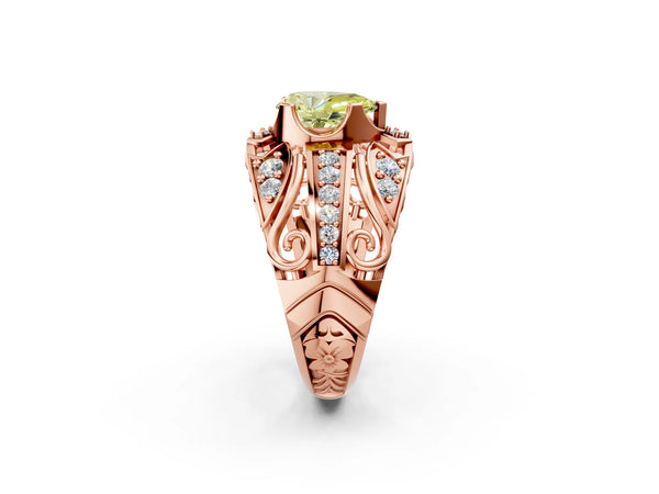 Rose gold Fancy Yellow Pear Cut Diamond Pave Art Deco Split Shank Ring with Four-Prong Setting