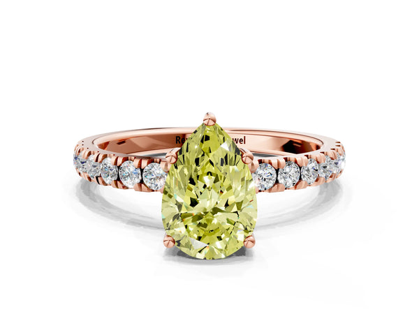 Rose gold Fancy Yellow Pear Cut Diamond Pave Band Solitaire Ring with Round  and Prong Setting
