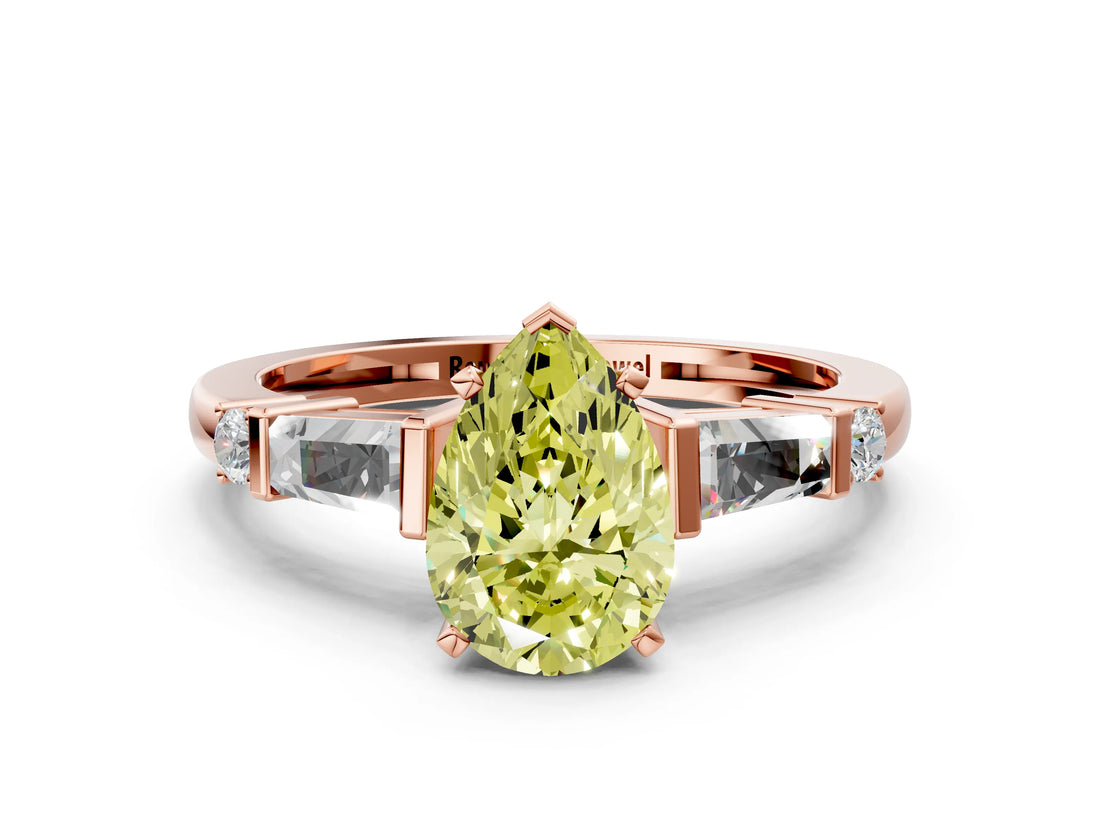 Rose gold Fancy Yellow Pear  Cut Diamond Ring with Baguette Side Stones, Channel Set Band, and Four-Prong Setting_24