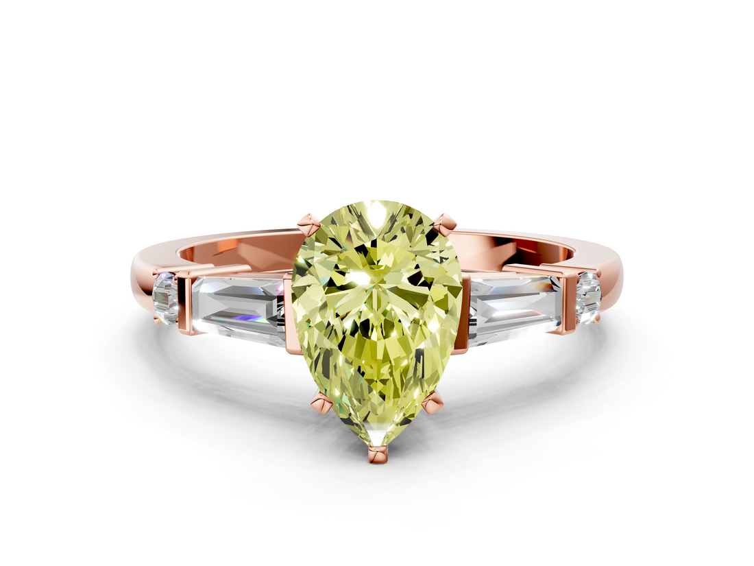 Rose gold Fancy Yellow Pear  Cut Diamond Ring with Baguette Side Stones, Channel Set Band, and Four-Prong Setting_3