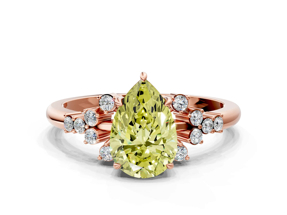 Rose gold Fancy Yellow Pear Cut Diamond Ring with Side Stones and Four-Prong Setting_116