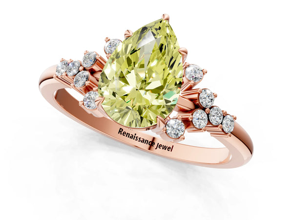 Rose gold Fancy Yellow Pear Cut Diamond Ring with Side Stones and Four-Prong Setting