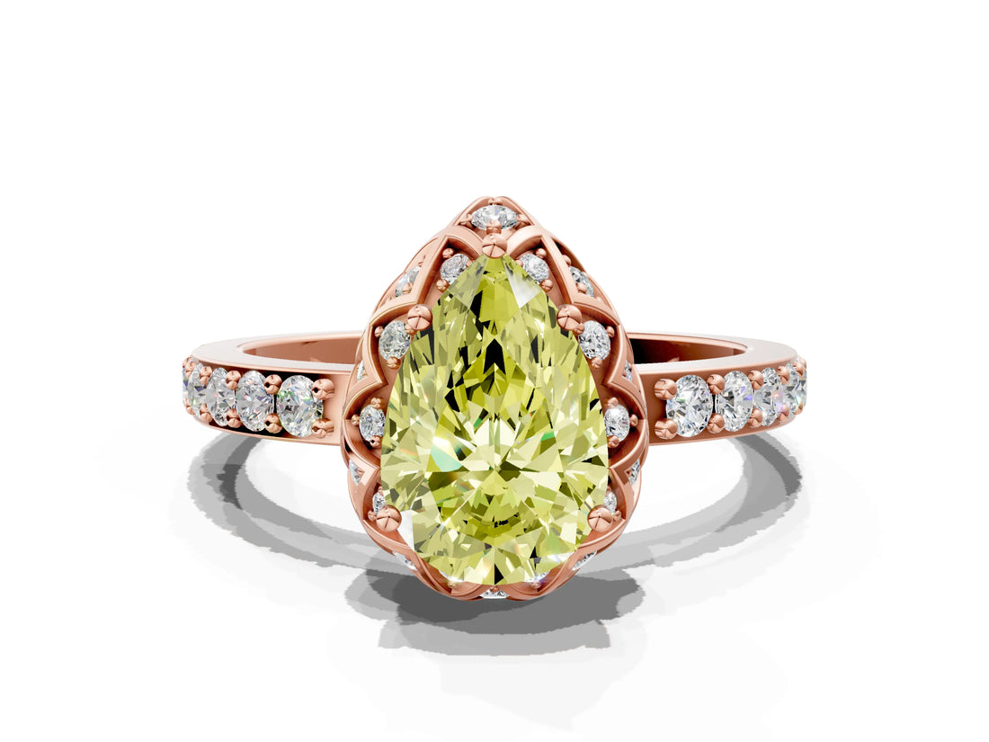 Rose gold Fancy Yellow Pear Cut Diamond Scalloped Halo Engagement Ring with Round Shared Prong Band_24