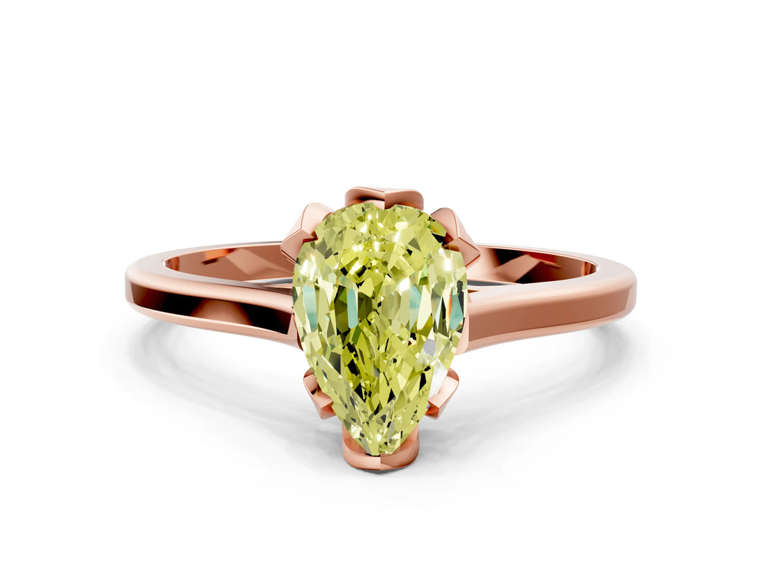 Rose gold Fancy Yellow Pear Cut Diamond Solitaire Ring with Flower Prong Setting and Classic Band_36