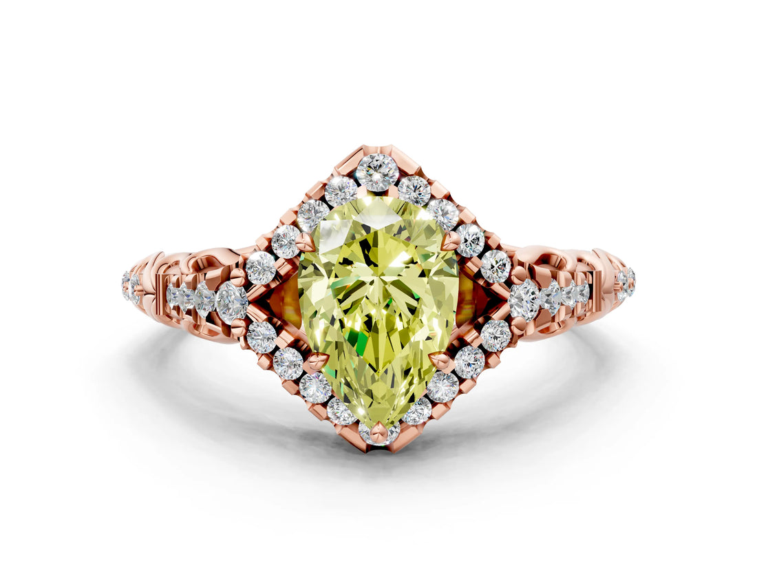 Rose gold Fancy Yellow Pear Cut Diamond Solitaire Ring with Hidden Halo and Pavé Band_27