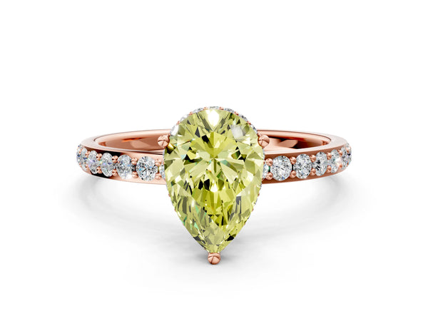 Rose gold Fancy Yellow Pear Cut Diamond Solitaire Ring with Pavé Band and Hidden Halo