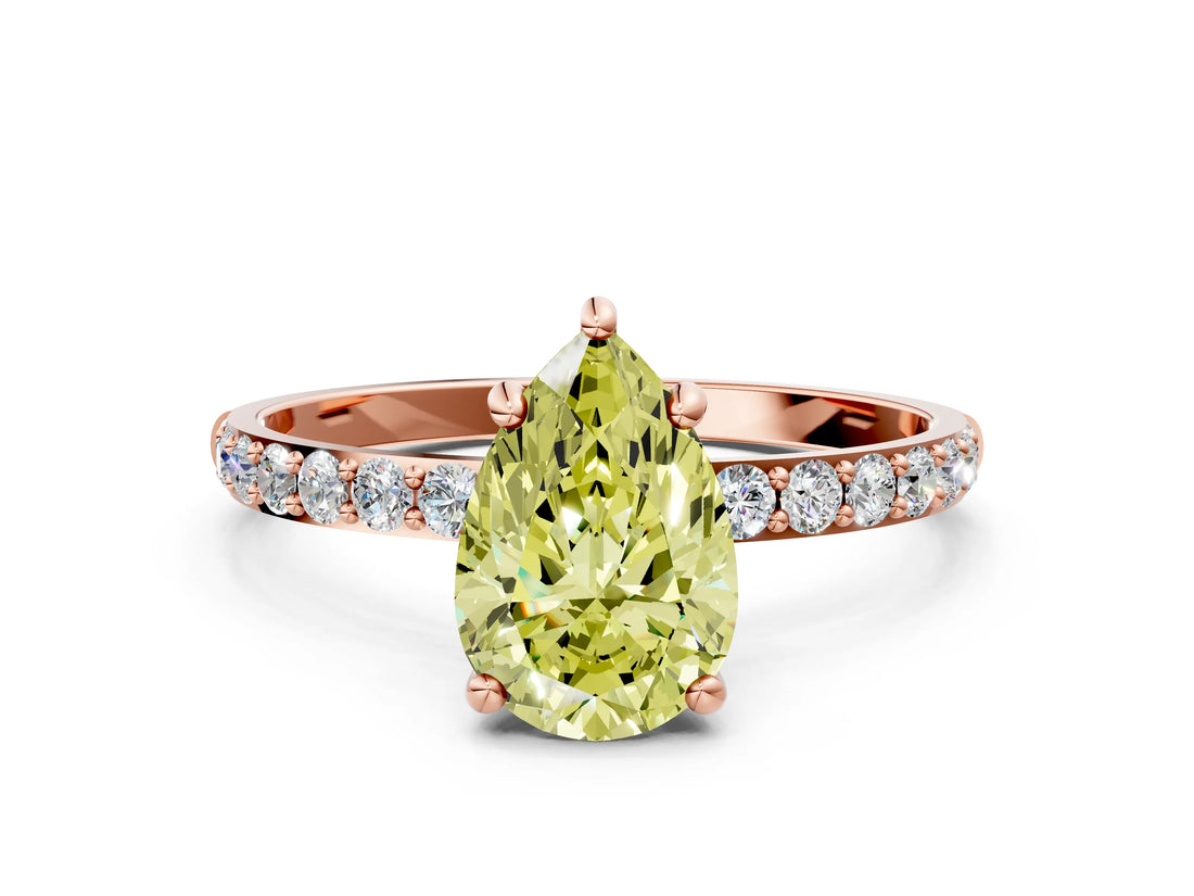 Rose gold Fancy Yellow Pear Cut Diamond Solitaire Ring with Pave Band and Four Prong Setting_87
