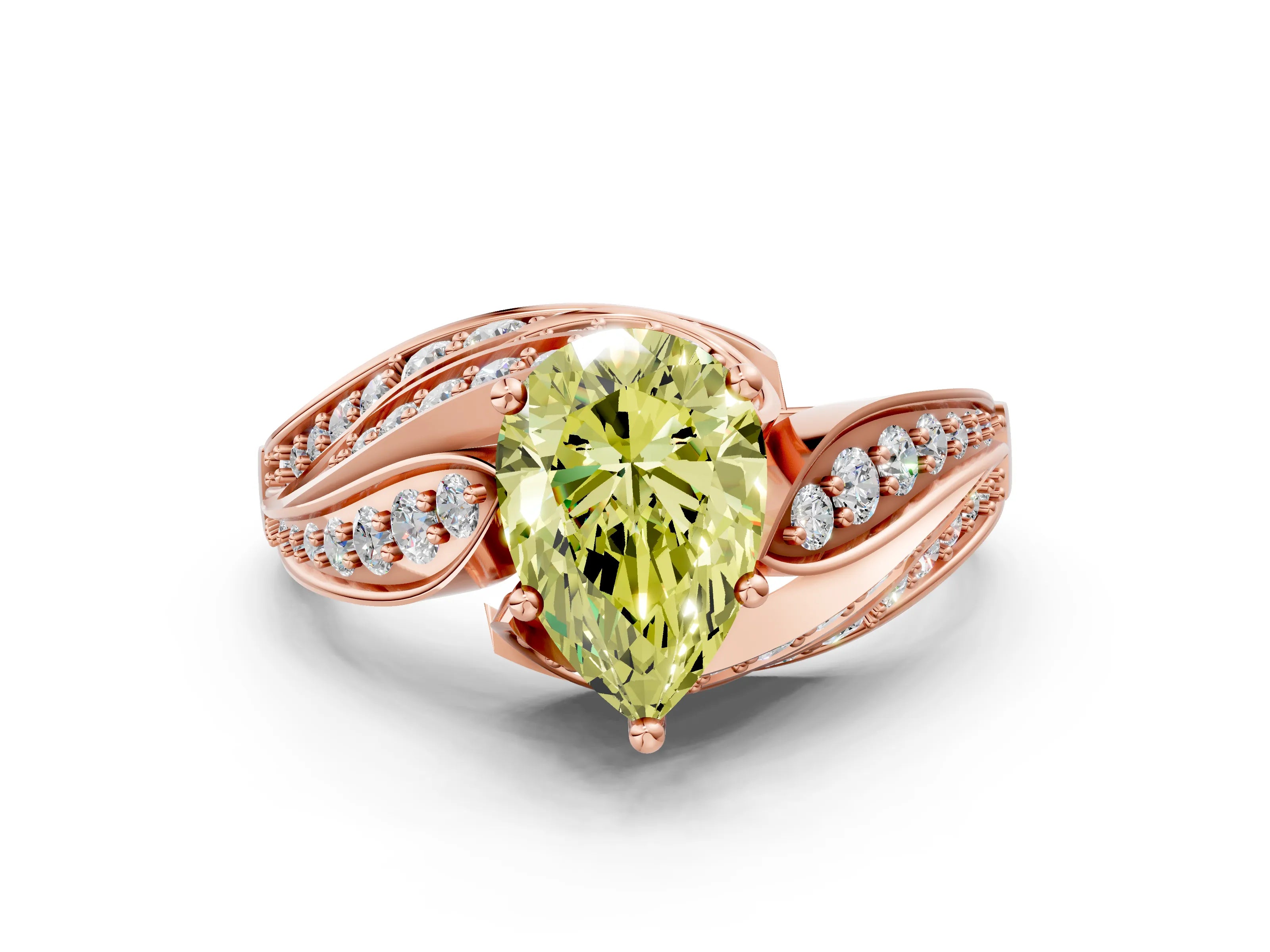 Rose gold Fancy Yellow Pear Cut Diamond Solitaire Ring with Prong Setting and Twisted Pavé Band