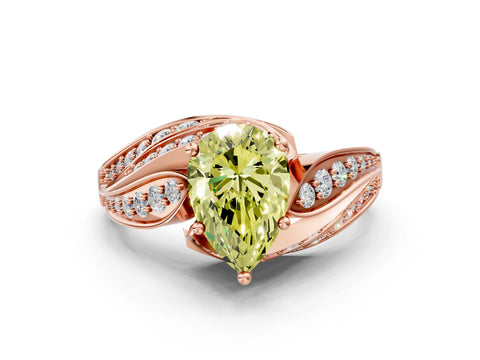 Rose gold Fancy Yellow Pear Cut Diamond Solitaire Ring with Prong Setting and Twisted Pavé Band