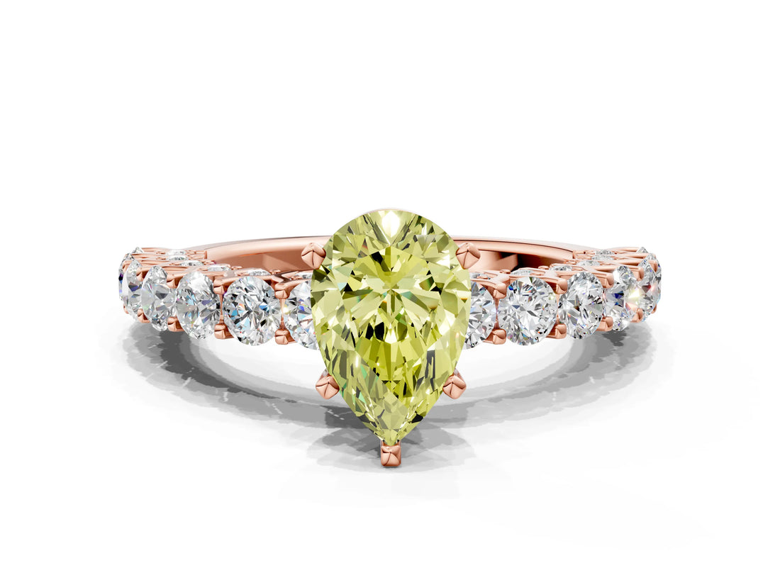 Rose gold Fancy Yellow Pear Cut Diamond Solitaire Ring with Shared Prong Pavé Band and Four-Prong Setting_66