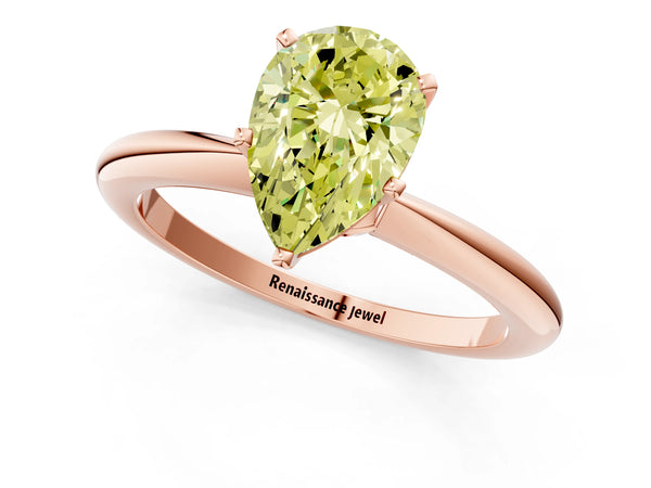 Rose gold Fancy Yellow Pear Cut Diamond Solitaire Ring with Six-Prong Setting and Classic Band
