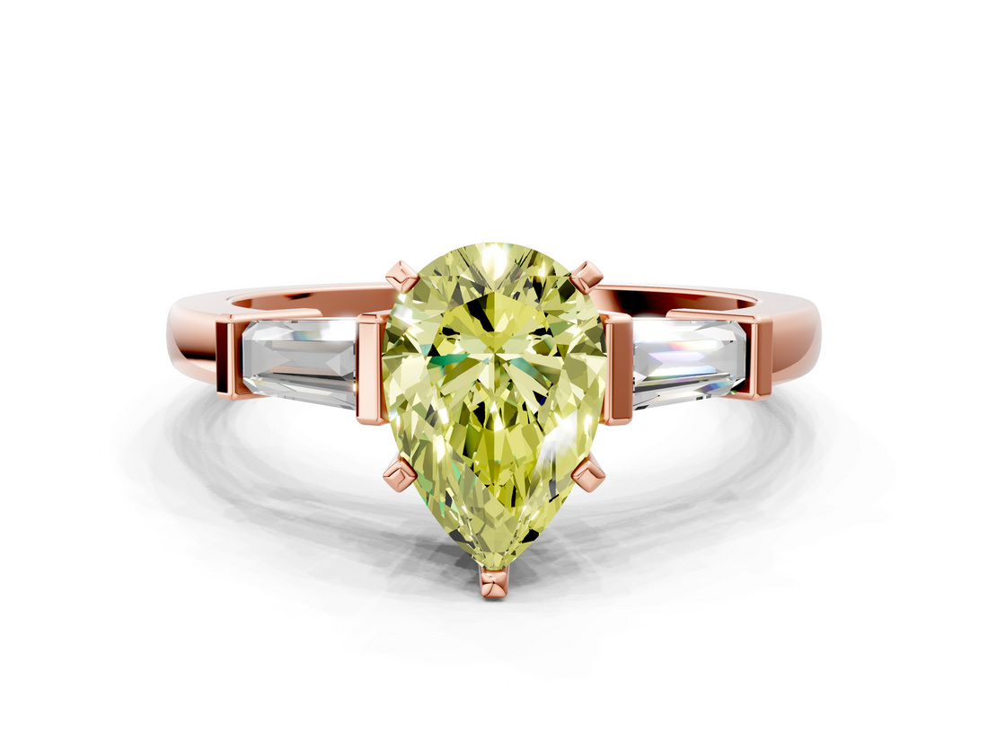 Rose gold Fancy Yellow Pear  Cut Diamond Solitaire Ring with Tapered Baguette Accents and Four-Prong Setting_59