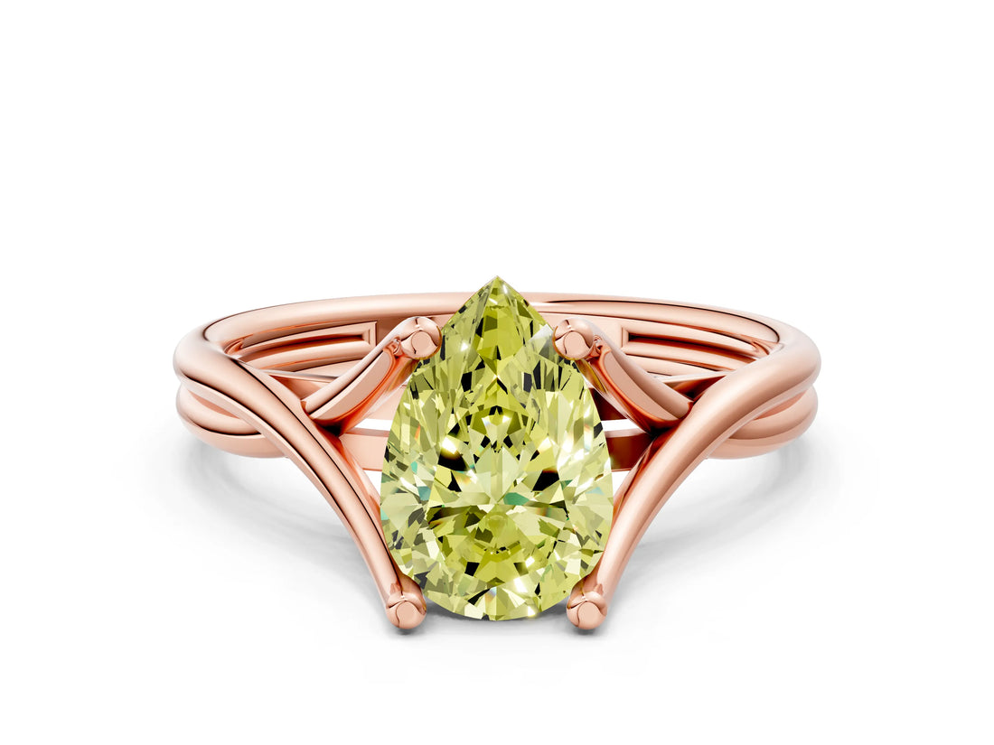 Rose gold Fancy Yellow Pear Cut Diamond Solitaire Twist Band Prong Setting Ring_55