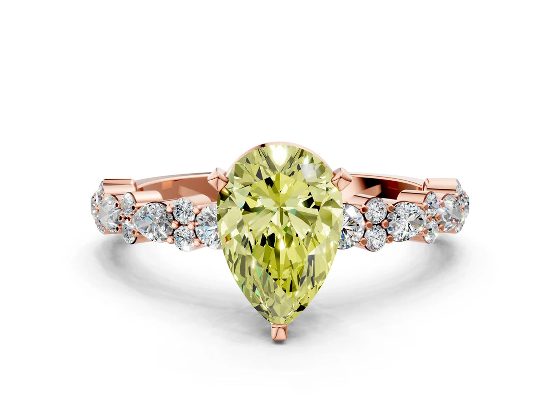 Rose gold Fancy Yellow Pear Cut Diamond Solitaire with Side Stones, Pave Band, Four-Prong Setting_85
