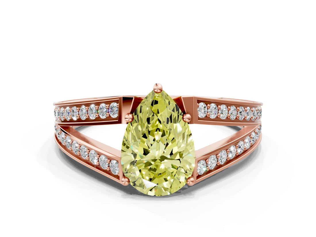 Rose gold Fancy Yellow Pear Cut Diamond Split Shank Ring with Pavé Band and Four-Prong Setting_61