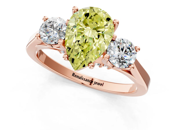 Rose gold Fancy Yellow Pear Cut Diamond Three-Stone Engagement Ring with Prong Setting and Pavé Band