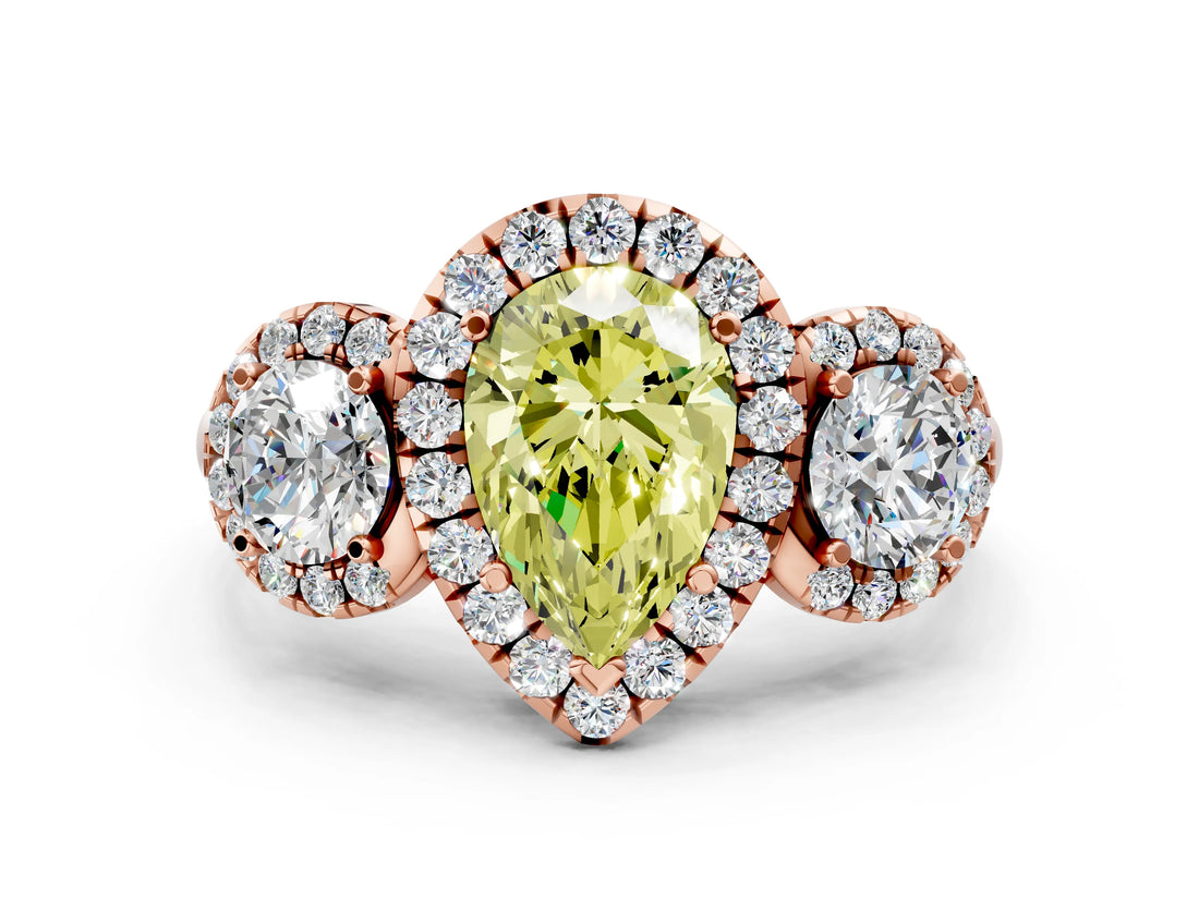 Rose gold Fancy Yellow Pear Cut Diamond Three-Stone Halo Ring with Prong Setting and Pavé Accents