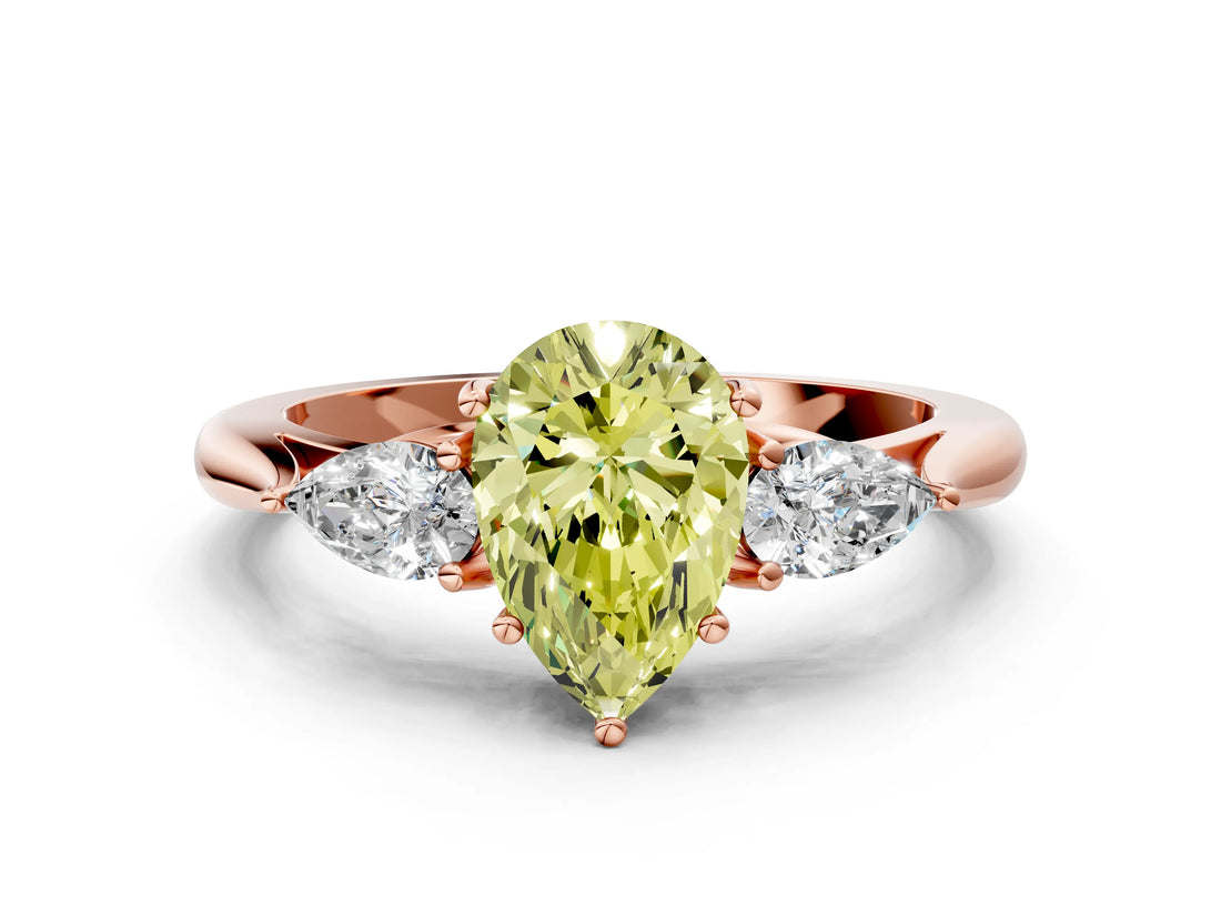 Rose gold Fancy Yellow Pear Cut Diamond Three-Stone Ring with Pear Side Stones and Four-Prong Setting_95