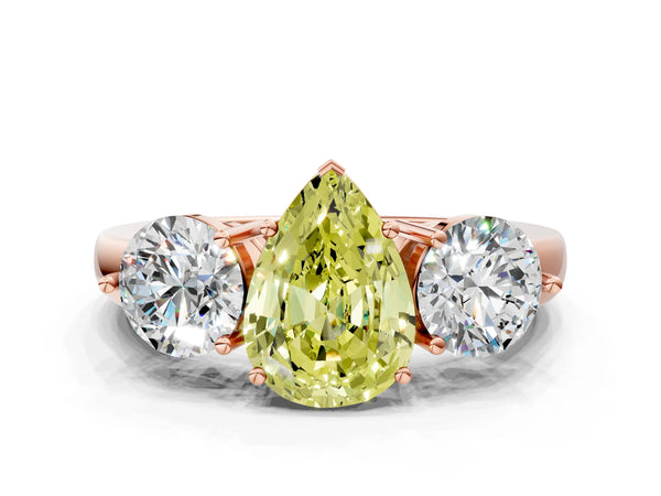 Rose gold Fancy Yellow Pear Cut Diamond Three-Stone Ring with Prong Setting and Classic Band