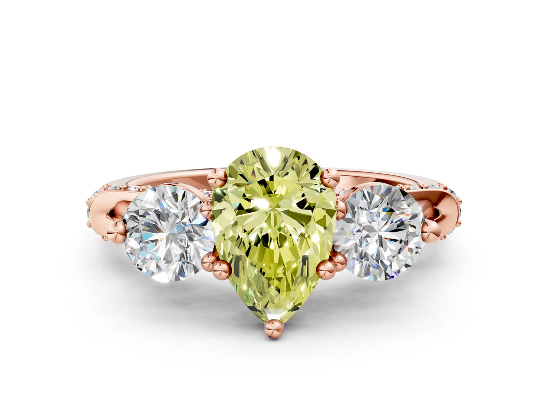 Rose gold Fancy Yellow Pear Cut Diamond Three-Stone Ring with Prong Setting and Pavé Band