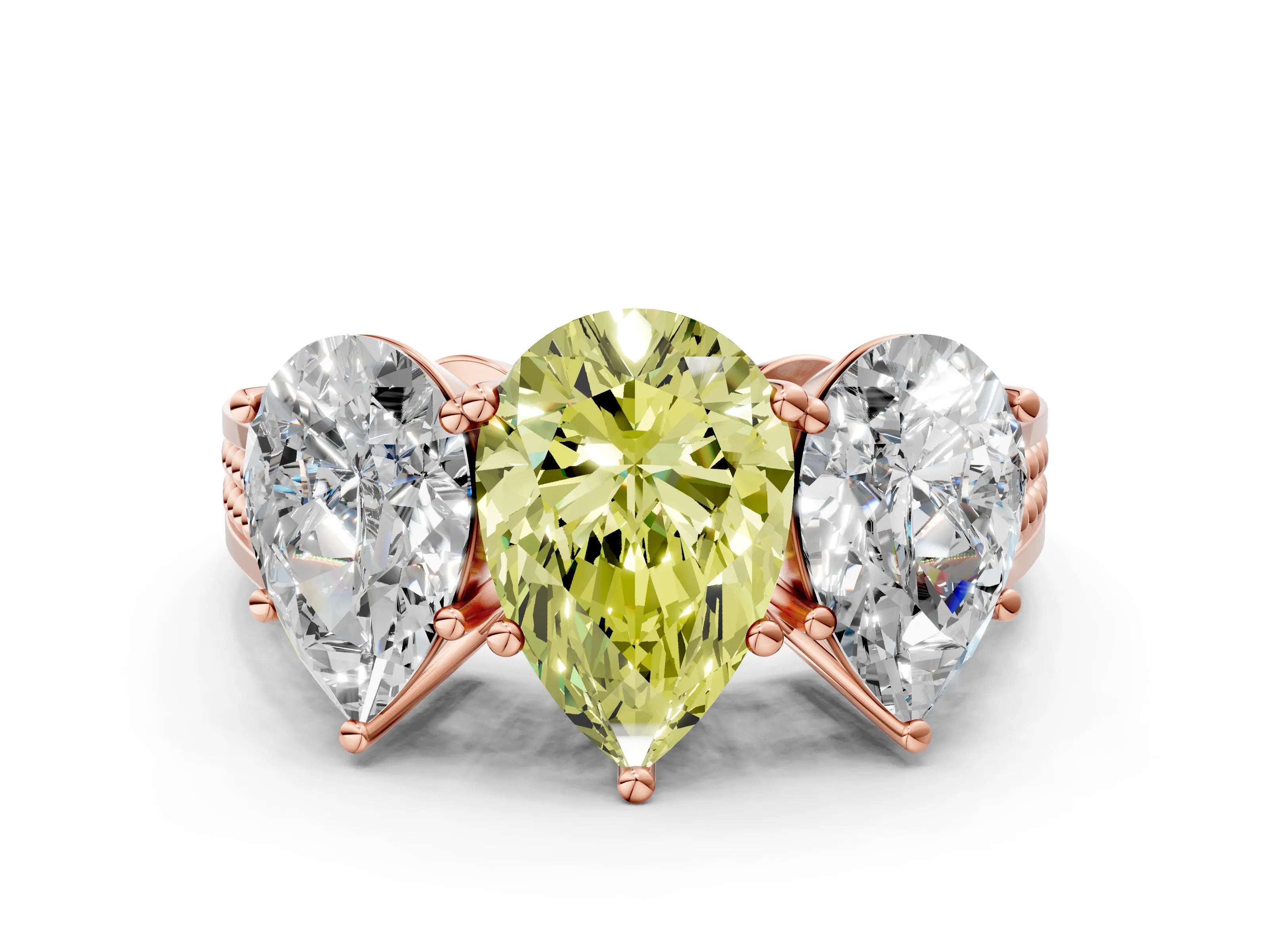 Rose gold Fancy Yellow Pear Cut Diamond Three-Stone Ring with Prong Setting and Textured Band