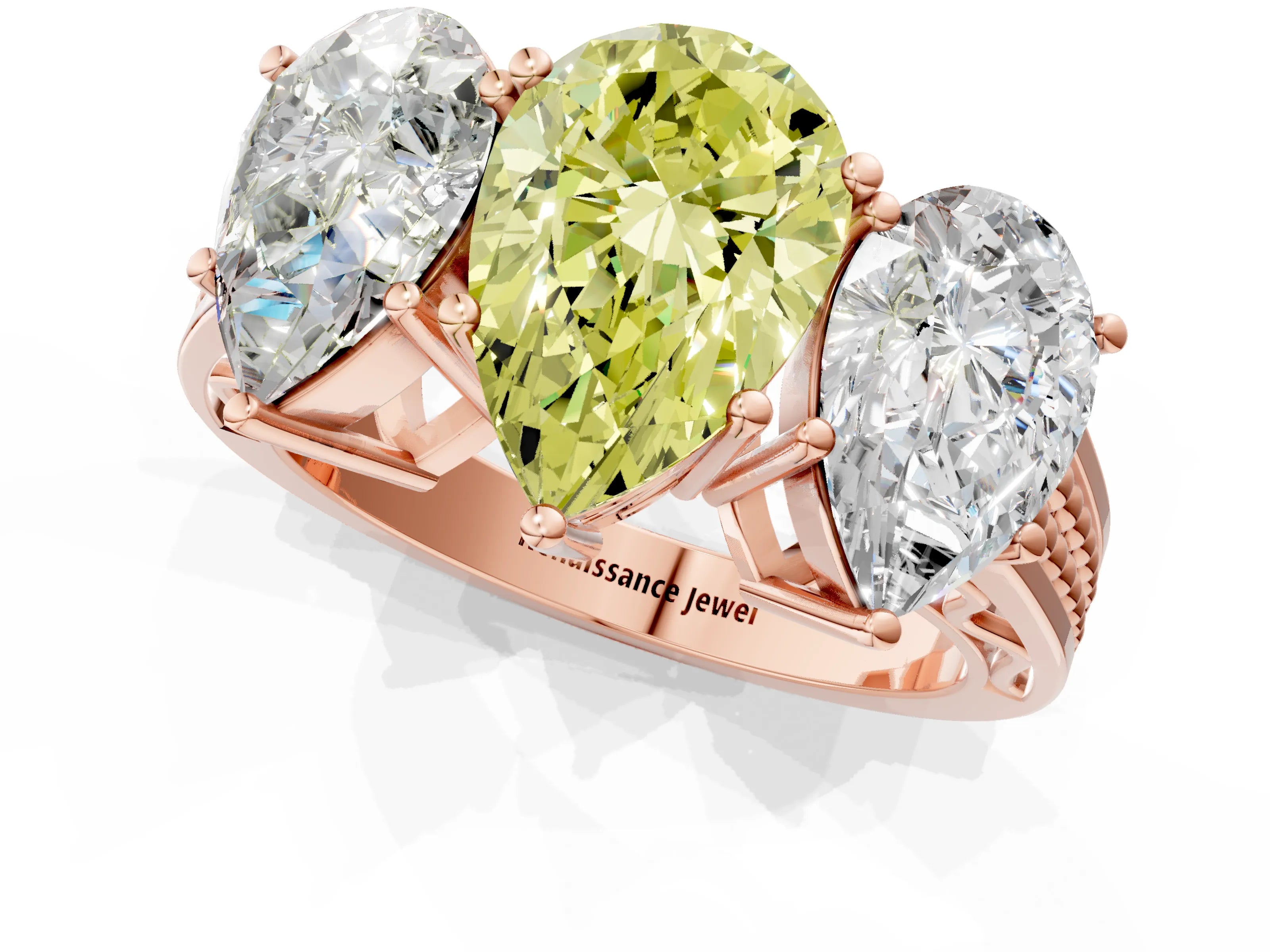 Rose gold Fancy Yellow Pear Cut Diamond Three-Stone Ring with Prong Setting and Textured Band_1