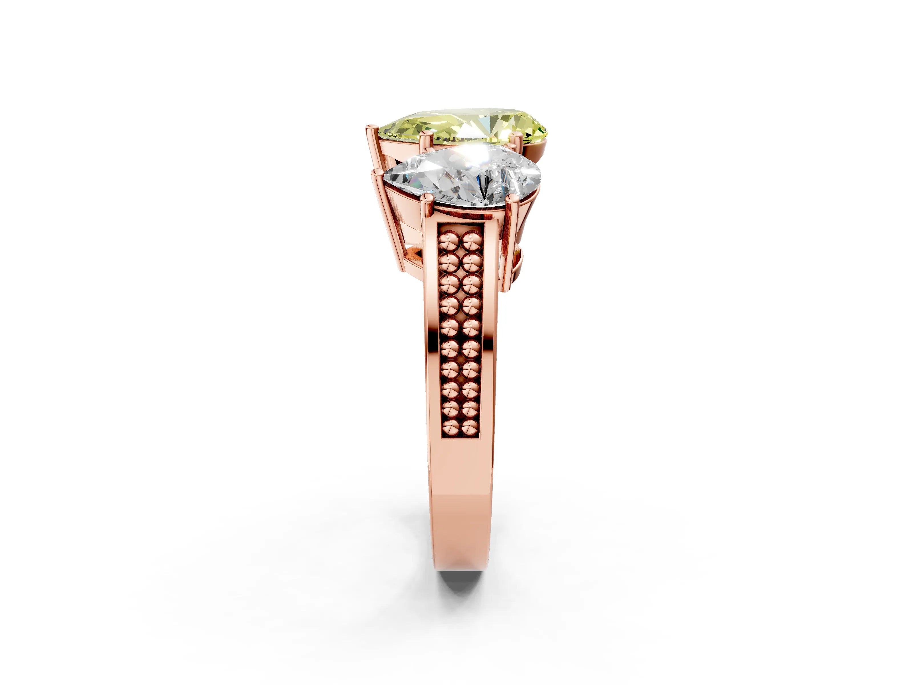 Rose gold Fancy Yellow Pear Cut Diamond Three-Stone Ring with Prong Setting and Textured Band_2