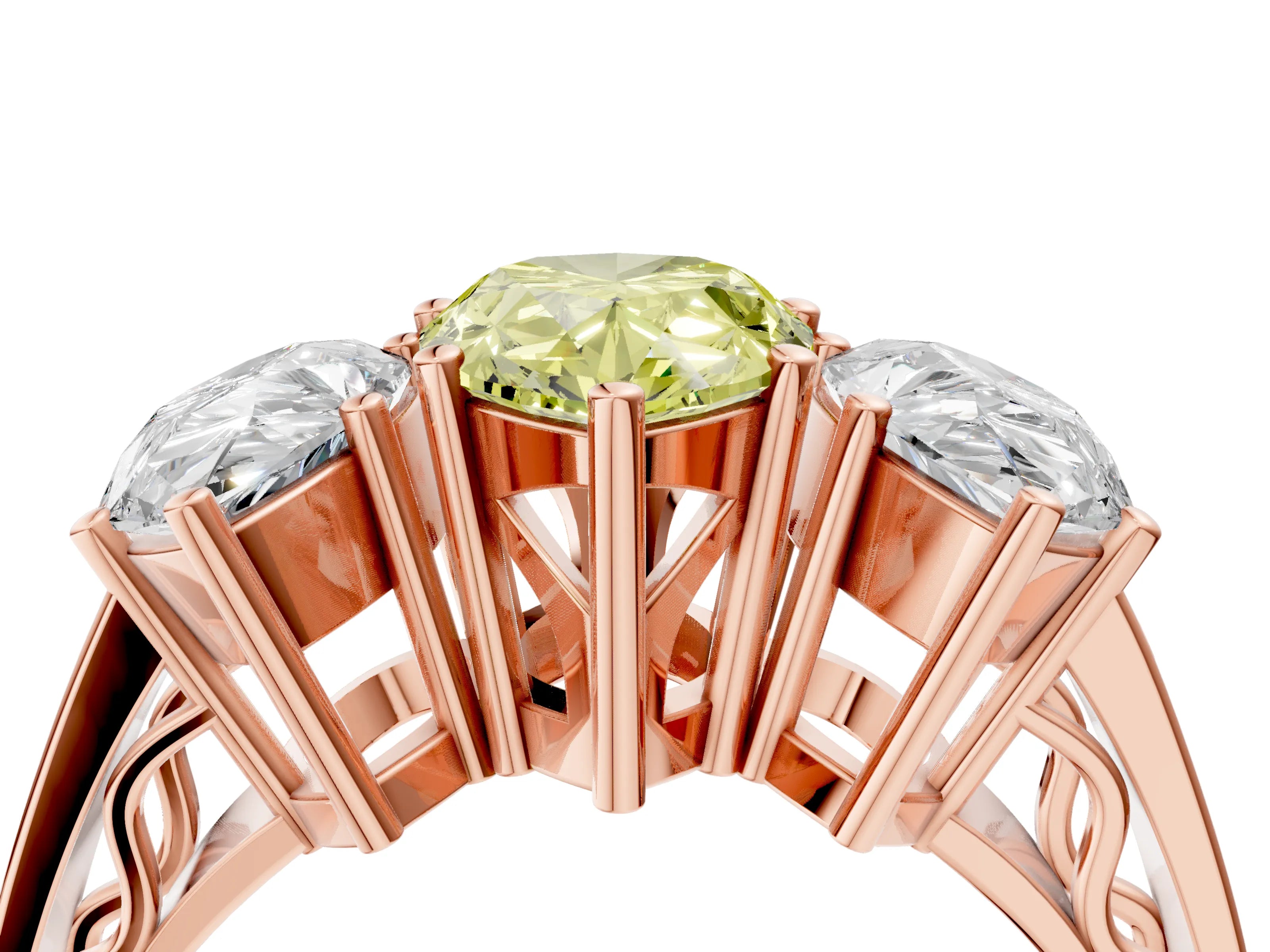 Rose gold Fancy Yellow Pear Cut Diamond Three-Stone Ring with Prong Setting and Textured Band_4