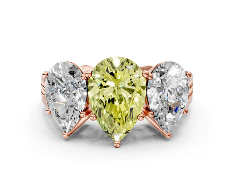 Rose gold Fancy Yellow Pear Cut Diamond Three-Stone Ring with Prong Setting and Textured Band