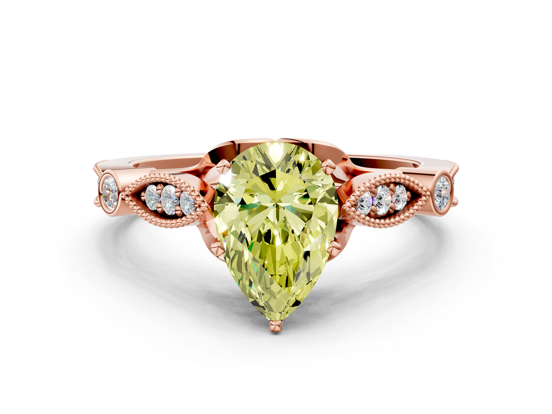 Rose gold Fancy Yellow Pear  Cut Diamond with Milgrain Marquise and Bezel Accents on a Solitaire Band with Prong Setting_190