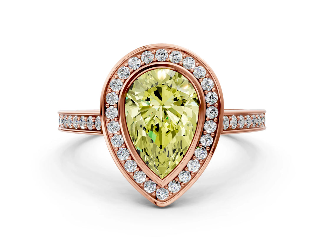 Rose gold Fancy Yellow Pear Cut Halo Bezel Diamond Pave Band Ring