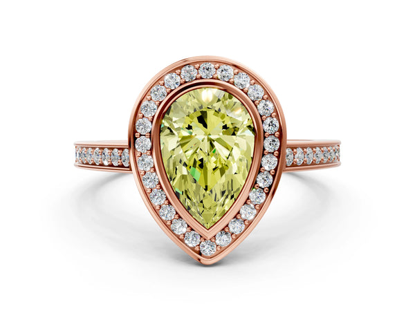 Rose gold Fancy Yellow Pear Cut Halo Bezel Diamond Pave Band Ring
