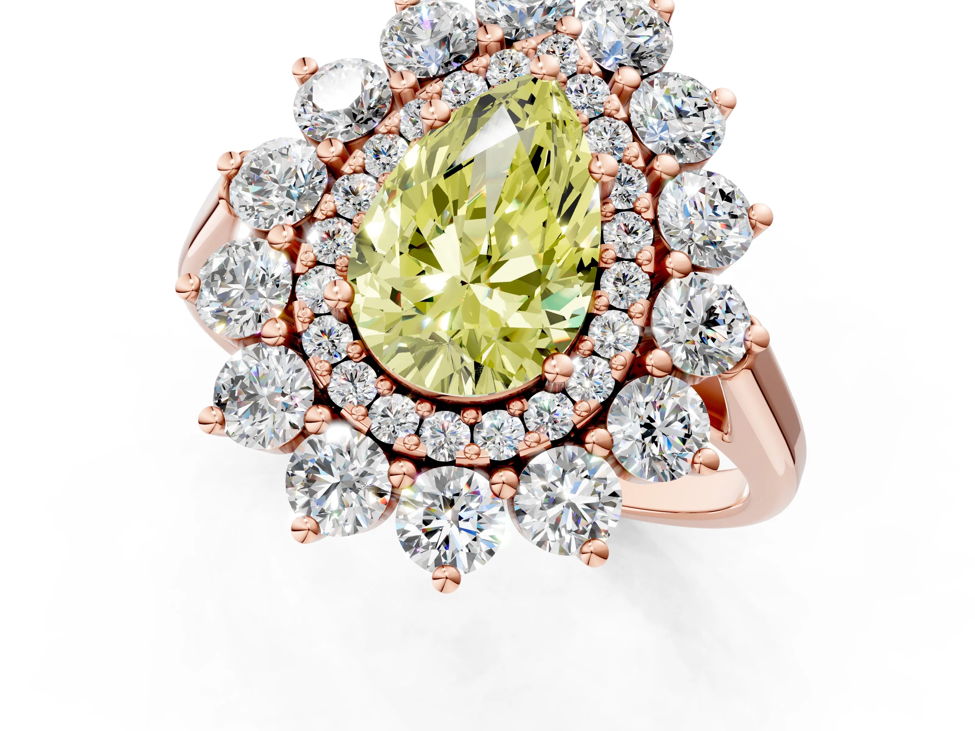 Rose gold Fancy Yellow Pear Cut Halo Cluster Diamond Ring with Pave Band and Four-Prong Setting_1