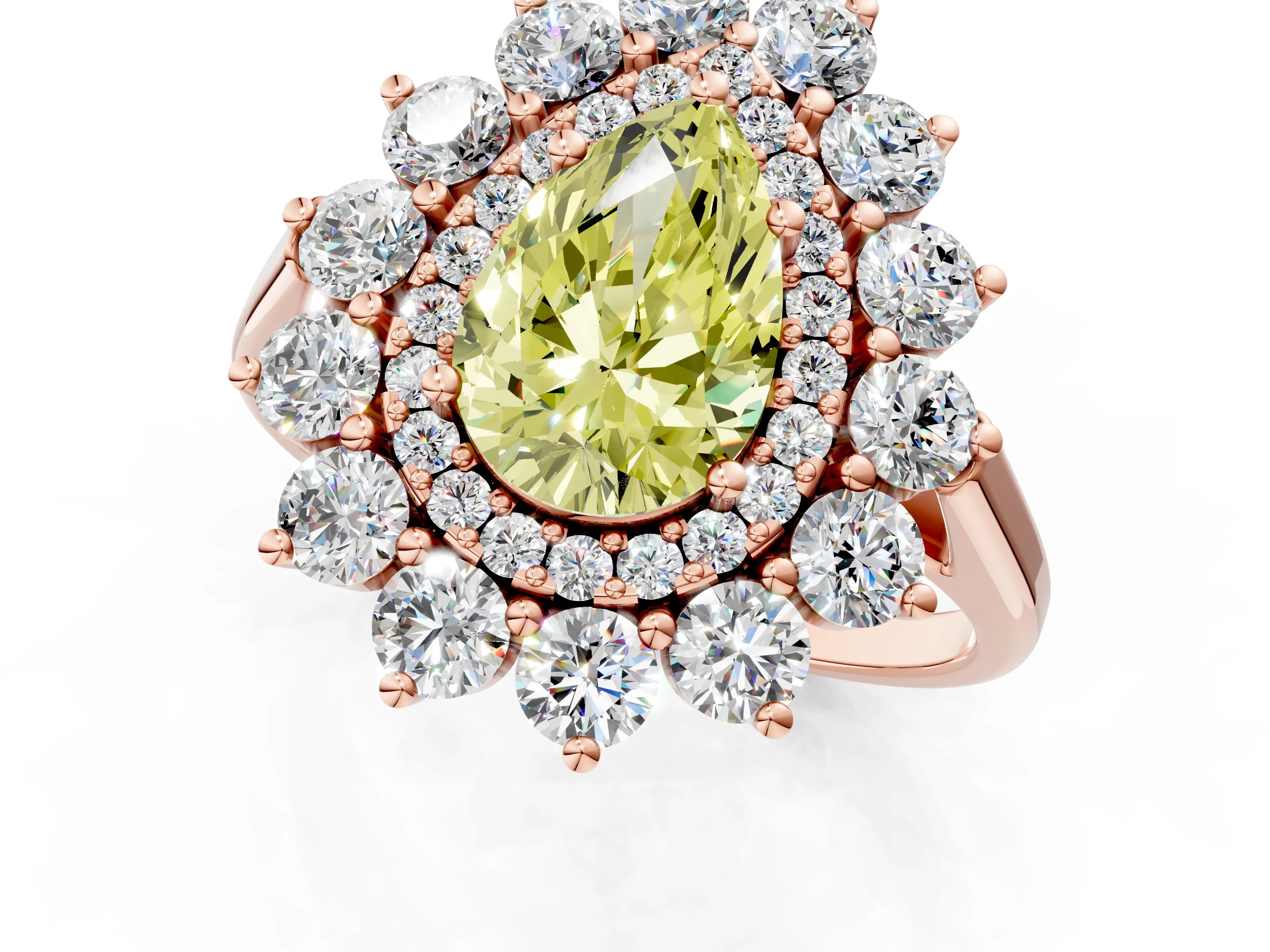 Rose gold Fancy Yellow Pear Cut Halo Cluster Diamond Ring with Pave Band and Four-Prong Setting_13