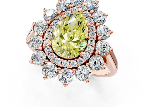 Rose gold Fancy Yellow Pear Cut Halo Cluster Diamond Ring with Pave Band and Four-Prong Setting_1