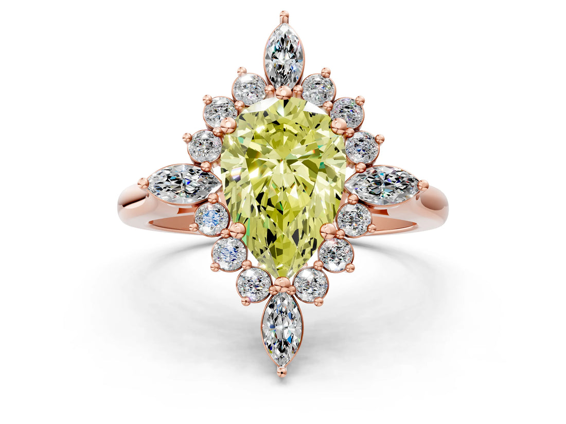 Rose gold Fancy Yellow Pear Cut Halo Diamond Cluster Ring with Marquise and Round Stones on a White Gold Band with Prong Setting
